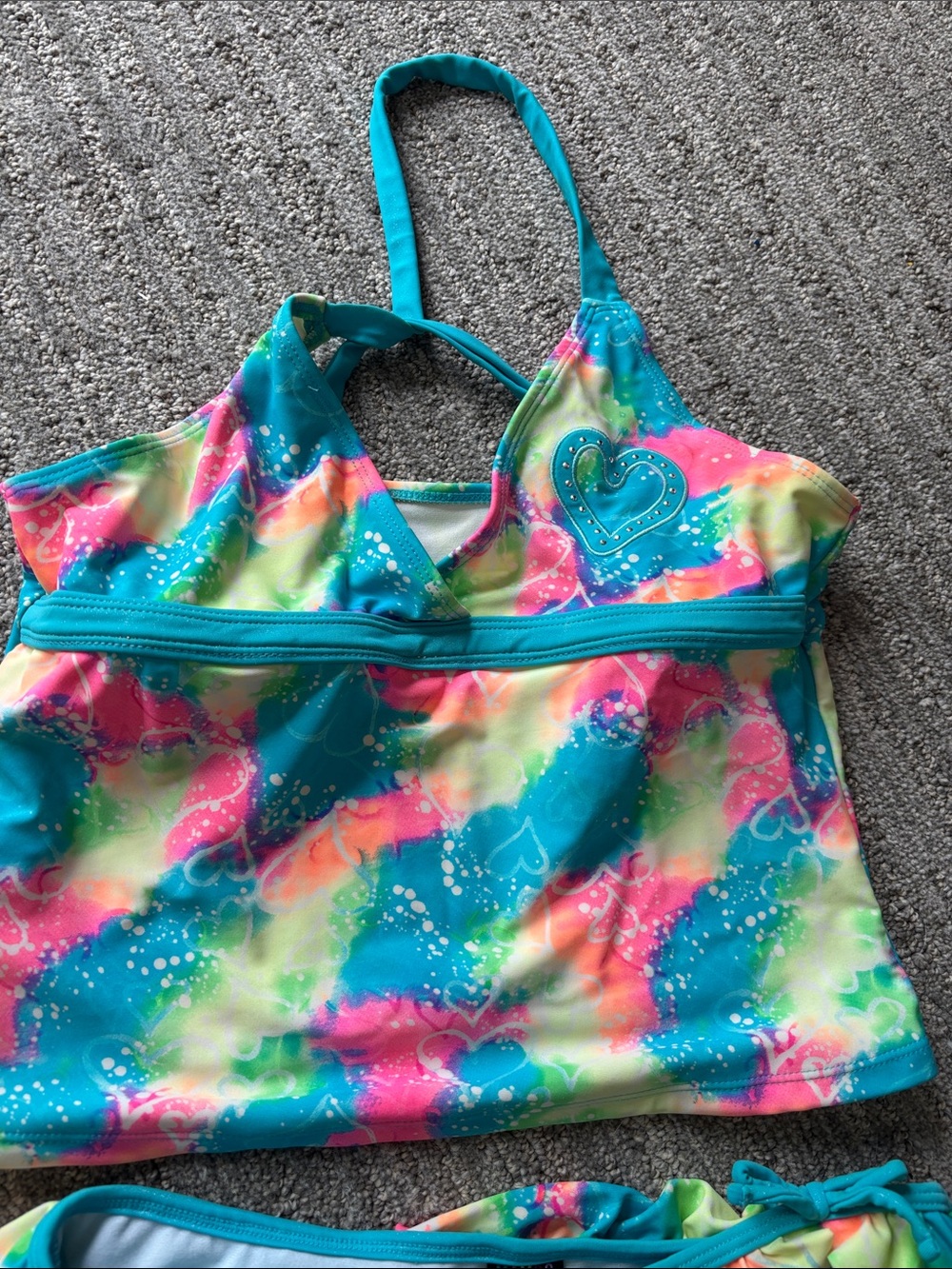 Girls' Turquoise Multicolor Ruffle Tankini Swimsuit - Picture 3 of 6